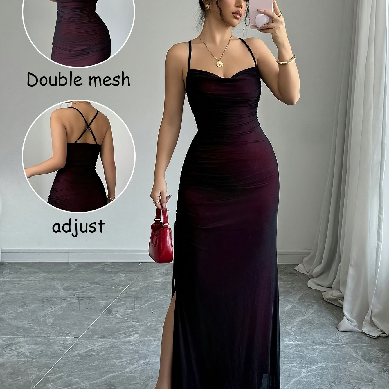 [Elegant Bodycon Dress] Elegant High-Stretch Mesh Bodycon Dress | Women's Adjustable Backless Long Sleeveless Party Dress, Machine Washable All-Season Formal & Casual Wear, Versatile Fashion, Double Mesh Detail, Solid Color
