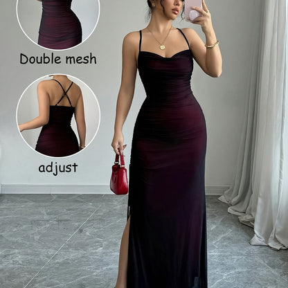 [Elegant Bodycon Dress] Elegant High-Stretch Mesh Bodycon Dress | Women's Adjustable Backless Long Sleeveless Party Dress, Machine Washable All-Season Formal & Casual Wear, Versatile Fashion, Double Mesh Detail, Solid Color