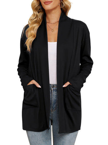 Spring & Autumn Women's Casual Solid Color Cardigan – Open Placket with Double Pocket Design