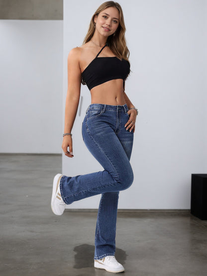 Women'S Stretchy Casual Flare Jeans - Versatile High-Waisted Bell Bottoms with Slash Pockets, Light Wash Blue, Comfortable & Stylish for All Seasons, High Waisted Jeans, Allseason Fashion, Elegant Design, Durable Fabric