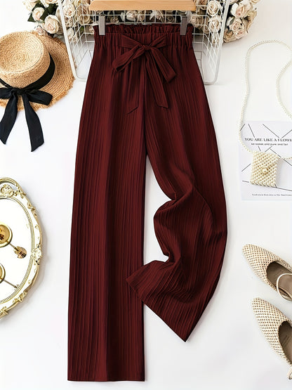 3pcs Women'S Elegant Solid Color Striped Long Pants with Bow Detail - Comfortable Loose Fit, Elastic Waistband, Perfect for Spring & Summer Casual Wear