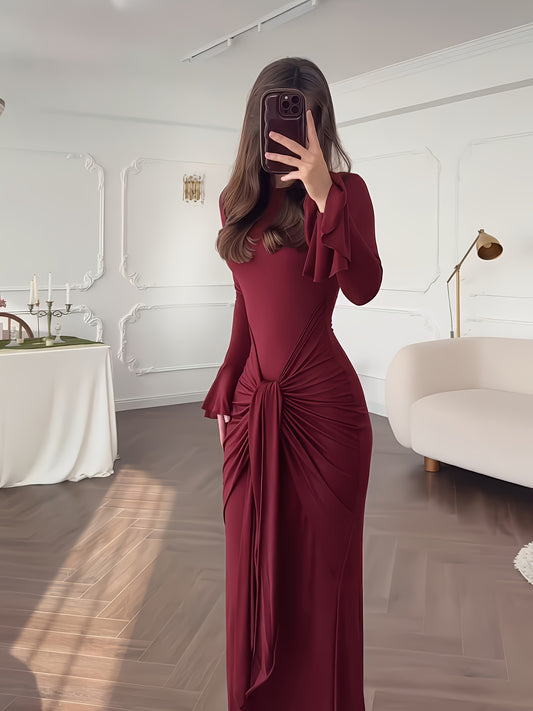 Elegant Maroon Long Sleeve Maxi Dress with Ruched Waist and Tie Detail - Stretchy, Flowing Design for Indoor Evening Events, Perfect for Fall/Winter Gatherings, Formal Evening Wear|Ruched Waist Dress|Stretchy Fabric