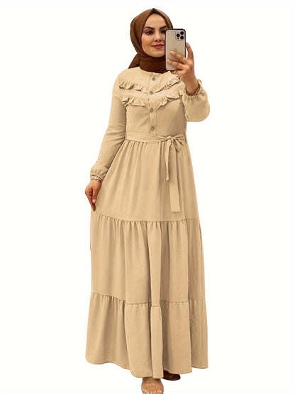 [Light Green Maxi Dress] Casual Light Green Polyester Maxi Dress - Elegant Solid Color with Ruffle Hem & Button Detail, Machine Washable - Hijab Not Included