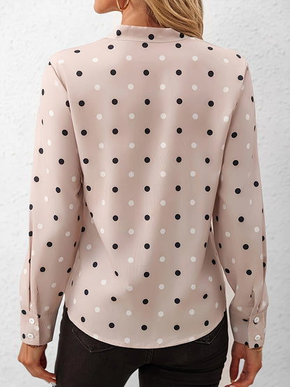 Women's Polka Dot Bowknot Collar Shirt - Long Sleeve Polyester Top, Machine Washable & Wrinkle-Resistant, Elegant Office & Casual Wear for Spring Summer Fall, Casual Latest Design Collar Shirts, Seasonal Fashion, Easycare Clo