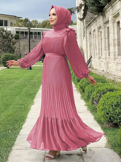 Women's Middle Eastern Muslim Abaya Kaftan Dress - Modest Long Sleeve Ruffled Hem Solid Color Traditional Dress with Belt, Machine Washable All-Season Casual Wear, Modest Apparel | Soft Texture