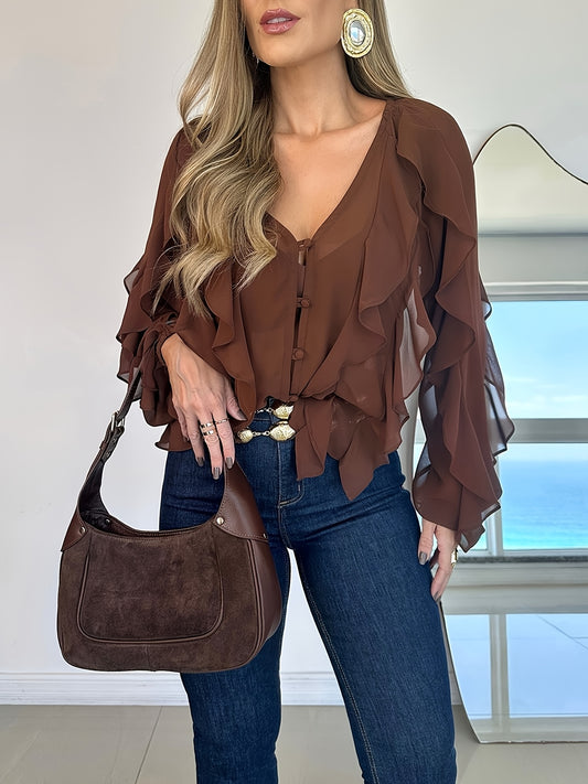 Women's Elegant V-Neck Blouse with Asymmetrical Shoulder Ruffles - Slim Fit Long Sleeve Top, Solid Color Casual Chic Shirt for Spring/Fall, Hand Wash Only, Spring Fall Attire, Ruffle Detail Top, Sophisticated Texture, Fall Wa