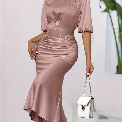 Women's Elegant High-Neck Solid Color Dress - Polyester Fitted Top & Flowy Skirt, All-Season Machine Washable Dress for Casual to Formal Occasions, Cute Dresses, Versatile Clothing, Comfortable Wear, Durable Fabric, Office At