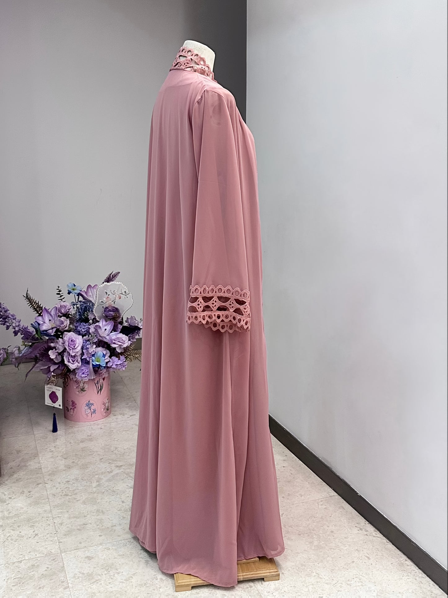Middle Eastern Muslim Fashion Long Sleeve Embroidered Contrast Lace Patchwork Abaya Dress and Hijab Three-Piece Set