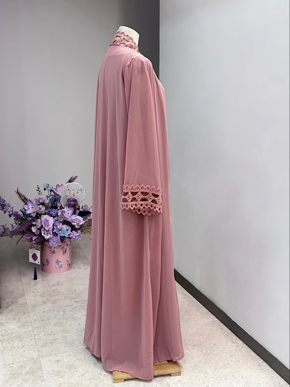 Middle Eastern Muslim Fashion Long Sleeve Embroidered Contrast Lace Patchwork Abaya Dress and Hijab Three-Piece Set
