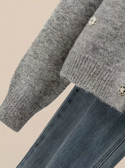 Women's 2025 New Beaded Cardigan Sweater - Soft Round Neck Long Sleeve Button Front Closure with Beaded Collar & Sleeve Trim, Machine Washable Winter Sweater for Fall and Winter, Casual to Semi-Formal Outfits