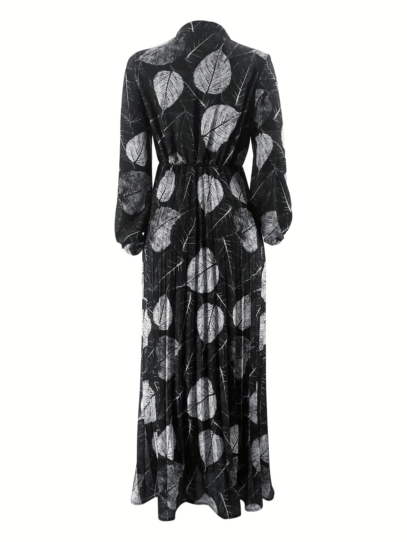 [Modest Wear Muslim Dress] Modest Wear Muslim Dress - Black & White Leaf Print Long Sleeves Polyester Blend - Pleated Waist Design, Machine Washable for All Seasons