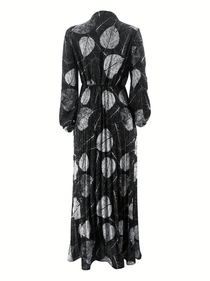 [Modest Wear Muslim Dress] Modest Wear Muslim Dress - Black & White Leaf Print Long Sleeves Polyester Blend - Pleated Waist Design, Machine Washable for All Seasons