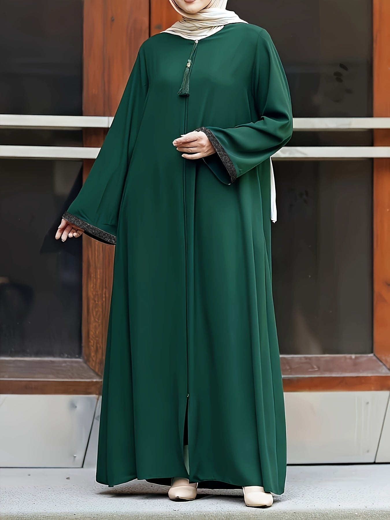 [Elegant Long Tassel Robe] Polyester Elegant Long Tassel Robe - Rhinestone Detail, Zip Closure, Machine Washable, Solid Color, Middle Eastern Style