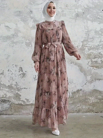 Stunning Floral Print Crew Neck Long Sleeve Abaya Dress - Elegant Ruffle Hem Maxi Length, Belted, Polyester, Machine Washable, Woven, Middle Eastern Style Womens Clothing for All Seasons