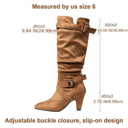 Women's Brown Retro Mid-Calf Boots - Thick High Heels, Pointed Toe, Buckle Straps, Stylish Pull-On for Party or Office, Suedelike