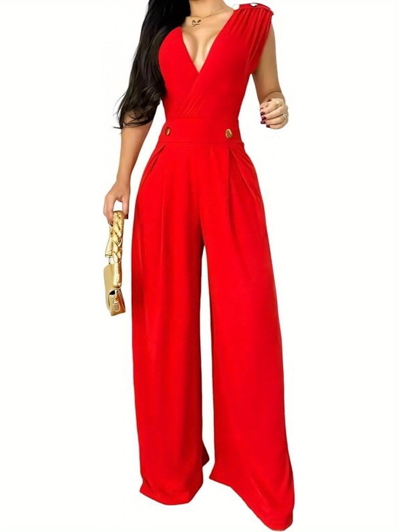 [Everyday Elegance] Elegant Sleeveless V-Neck Jumpsuit for Women - High Waist, Wide Leg, Full Length Romper with Golden Button Details, Black, Casual to Dressy Outfit for Everyday or Special Occasions, Versatile Outfit | Gold