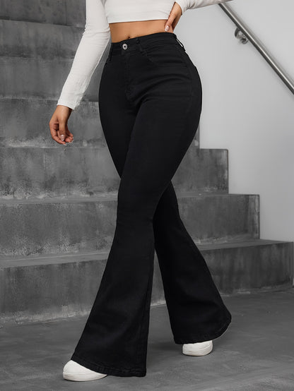 [High-Waist Stretch Denim Jeans] 1pc Women's High-Waist Stretch Denim Skinny Fit Flare Jeans - Preppy Style with Button Fly Closure, Washed Detail & Solid Color, All-Season Machine Washable Pants for Mature Occasions, Versati