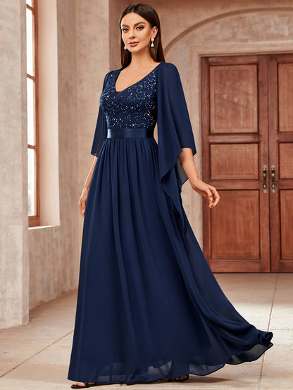 Deep V-Neck Lace Gown – Fit & Flare Sequin Dress