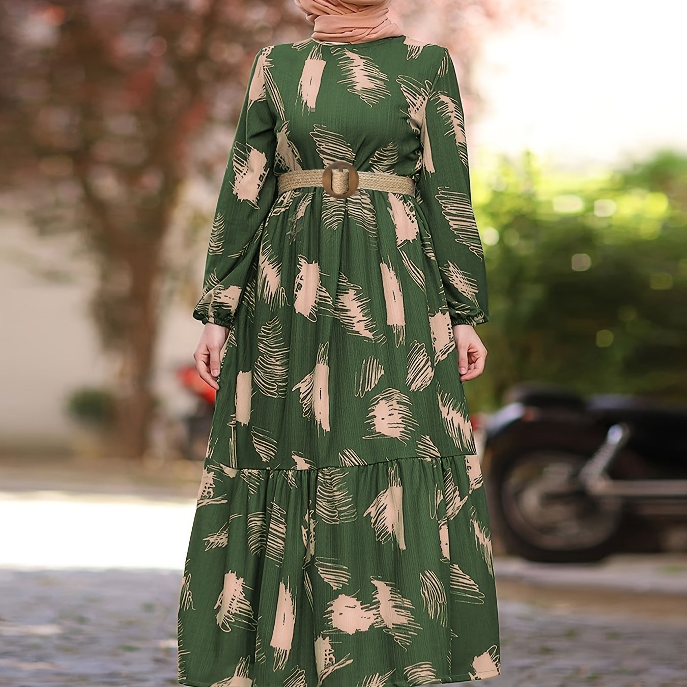 Long Sleeve Ramadan All Over Print Crew Neck Maxi Kaftan, Casual Women's Clothing