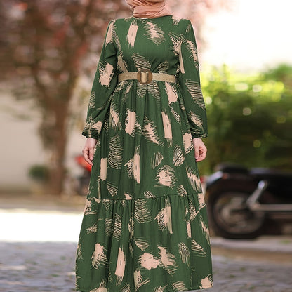 Long Sleeve Ramadan All Over Print Crew Neck Maxi Kaftan, Casual Women's Clothing