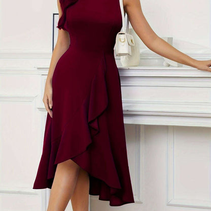 Stylish Solid Color Pleated Tank Dress with Crew Neck