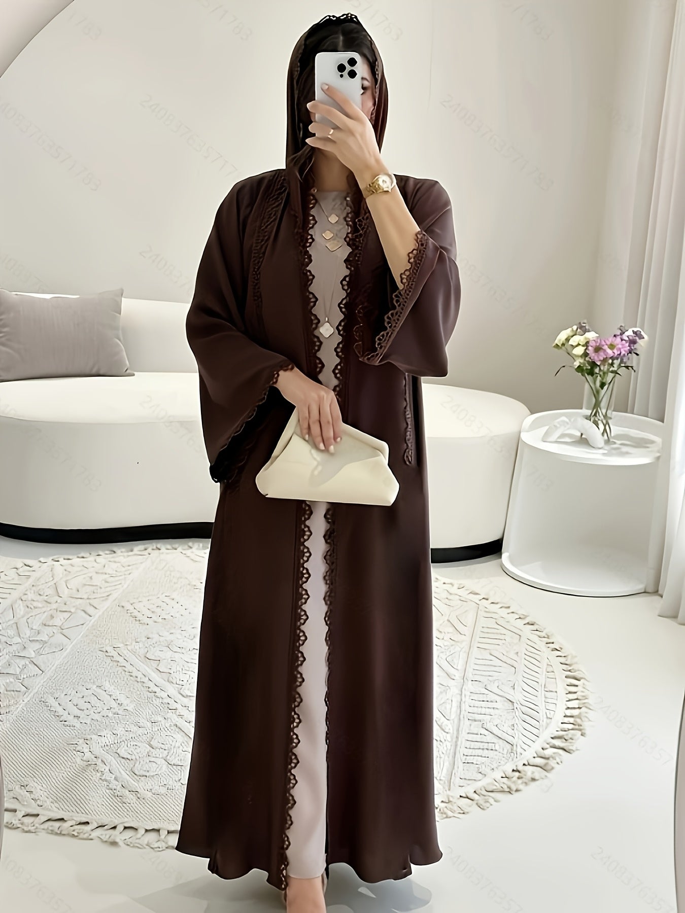 Middle Eastern Muslim Fashion Long Sleeve Embroidered Contrast Lace Abaya Dress with Hijab Three-Piece Set