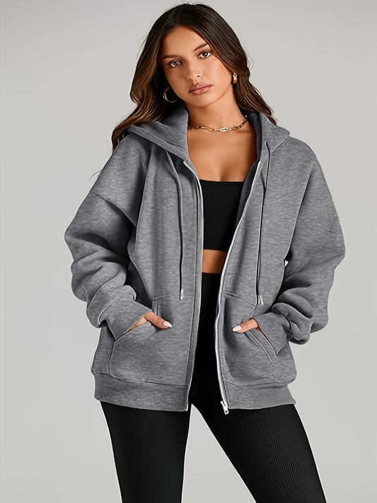 Women's Casual Zip-Up Hoodie with Pockets, Cotton Blend - D&M Boutique 