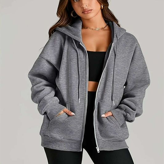 Women's Casual Zip-Up Hoodie with Pockets, Cotton Blend - D&M Boutique 