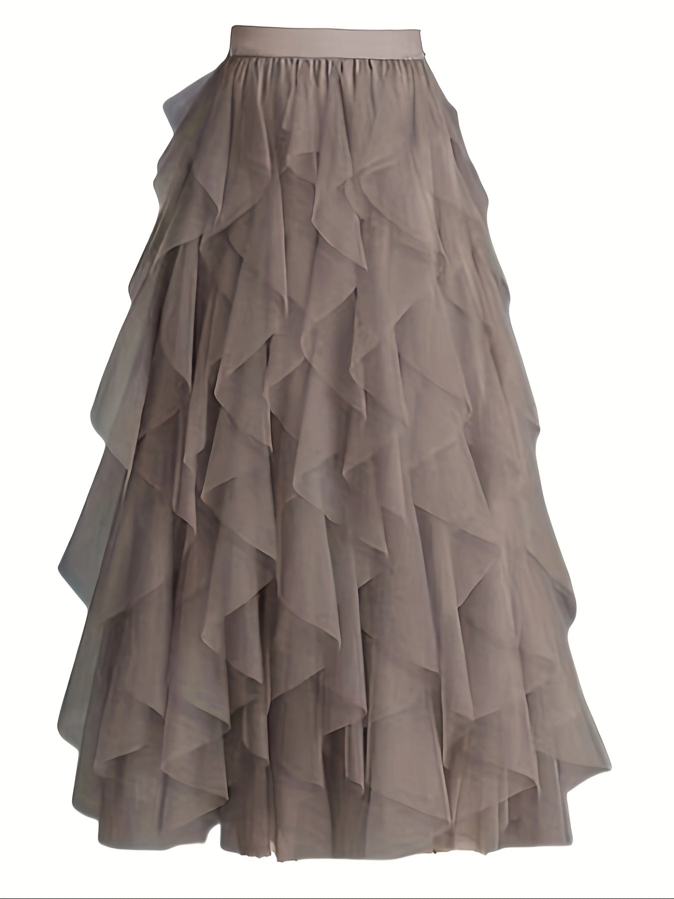 Chic Elegance, Elegant High-Waist A-Line Tulle Skirt for Women - Chic Korean-Style Spring Collection, Sheer Brown Polyester with Delicate Mesh Layers, Perfect for Summer Skirt