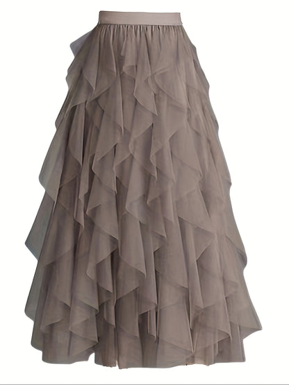 Chic Elegance, Elegant High-Waist A-Line Tulle Skirt for Women - Chic Korean-Style Spring Collection, Sheer Brown Polyester with Delicate Mesh Layers, Perfect for Summer Skirt