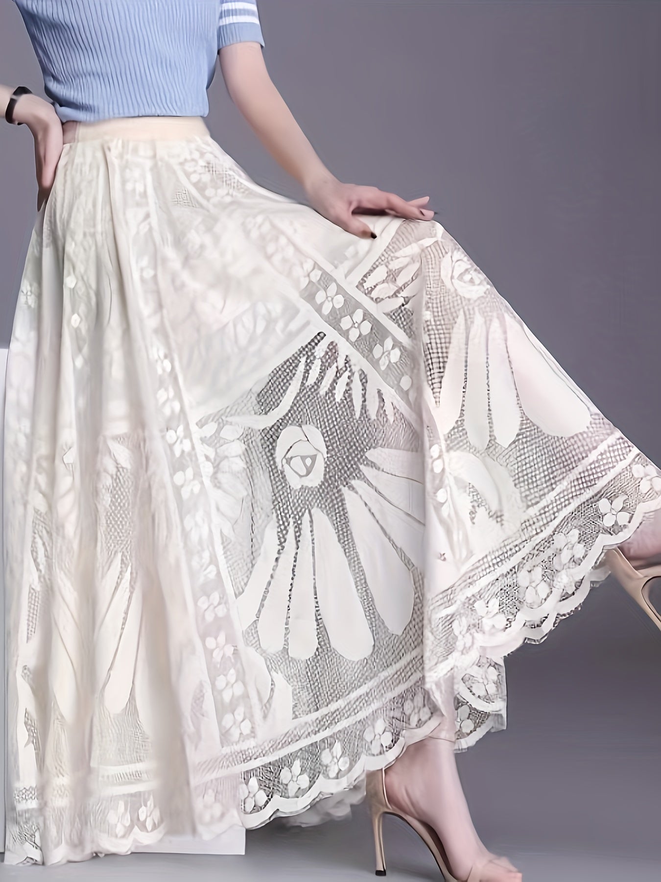 Elegant Women's A-Line Lace Skirt - Long Pleated Design with Intricate Floral Patterns, Lightweight Polyester, Ideal for Spring/Summer/Fall Events, Spring Summer Fashion|Aline Skirt|Polyester Fabric