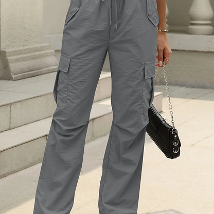 Women's Casual Cargo Pants with Adjustable Waist & Multi-Pocket Design - Low-Transparency Non-Stretch Heavyweight Fabric, All-Season Solid Color Work Pants for Outdoor, Travel, Casual Attire - Belt Loops & Button Closure (No