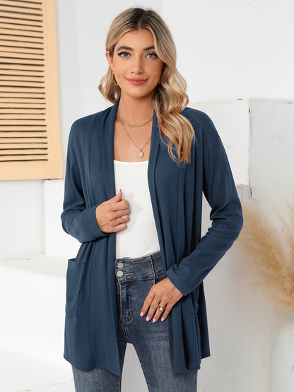 Spring & Autumn Women's Casual Solid Color Cardigan – Open Placket with Double Pocket Design