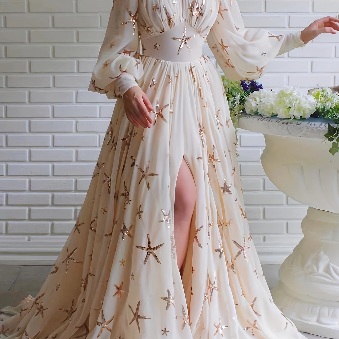 [Elegant Sequined Party Dress] Elegant Sequined Chiffon Dress | Stand Collar, Lantern Sleeves, Slit, Big Swing, Ladies Party Holiday Long Dress