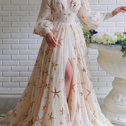 [Elegant Sequined Party Dress] Elegant Sequined Chiffon Dress | Stand Collar, Lantern Sleeves, Slit, Big Swing, Ladies Party Holiday Long Dress