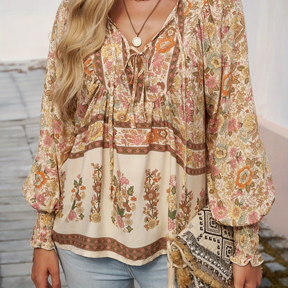 Floral Print V Neck Blouse, Casual Drawstring Long Sleeve Blouse For Spring & Fall, Women'S Clothing