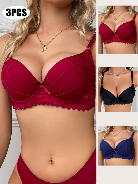 3pcs Women Sexy Lace Push Up Bras