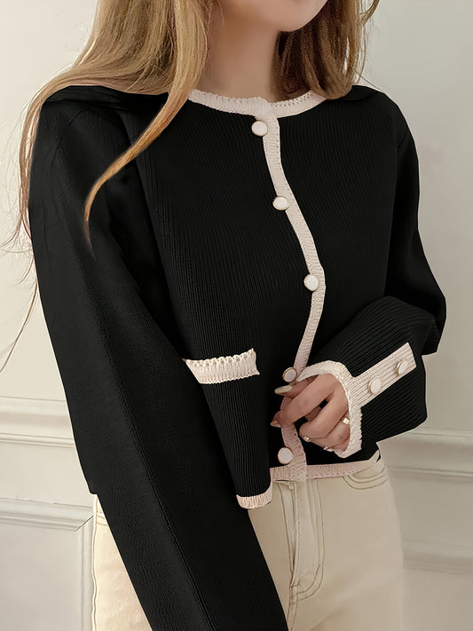 Women'S Elegant Cardigan - Black & Beige Two-Tone Sweater, Long Sleeve Open Front Button Closure, Fall/Winter Layering Piece for Casual Formal Outfits - Women'S Chic Sweater, Cardigan Sweater, Winter Fashion, Stylish Knitwear
