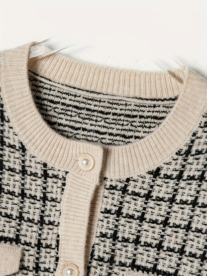 [Classic Plaid Cardigan] Classic Knitwear Women's Short Plaid Cardigan | Loose Fit Long Sleeve Open Front Sweater in Black/White/Beige/Brown | Machine Washable Round Neck Casual Chic Top for Spring & Fall | Autumn Apparel, Co