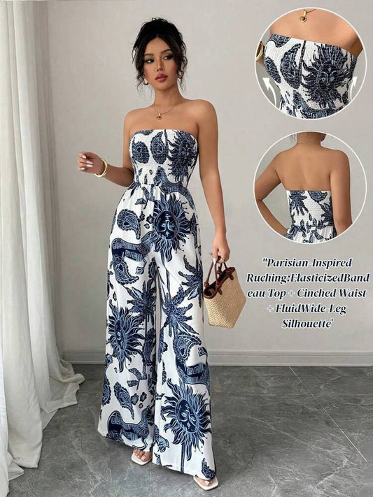 [Silklike Jumpsuit] Women's Lightweight Silklike Sleeveless Off-Shoulder Smocking Jumpsuit | Geometric Digital Print Wide-Leg Beachwear, Machine Washable Non-Stretch Fabric for Vacation & Casual Outings, Summer Outfit, Smooth