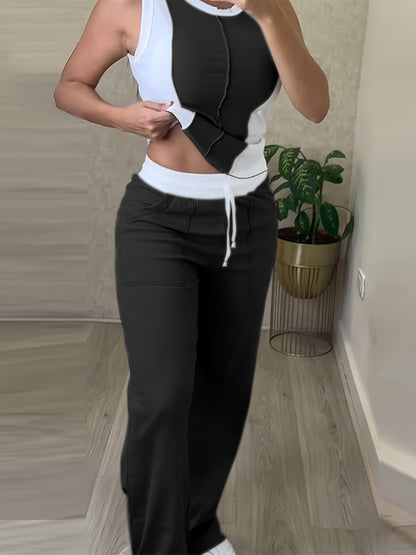 Casual Color Block Pantsuit – Drawstring Waist Set