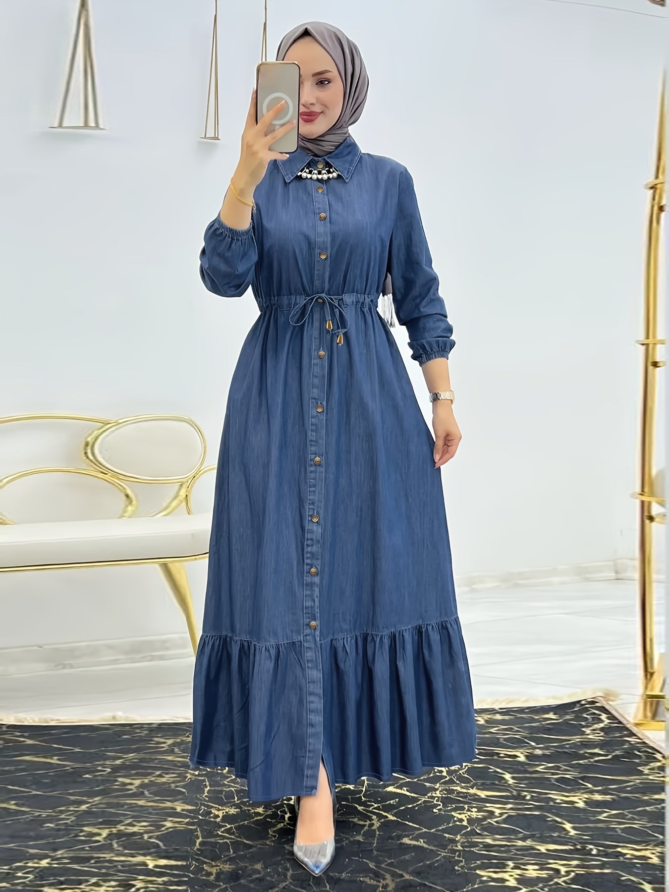 [Stylish Dress] Stylish Blue Women's Button-Up Dress | Long Sleeve, Ruffle Detail, Front Pocket, Drawstring Waist, Casual, All-Season - (Headscarf Not Included)