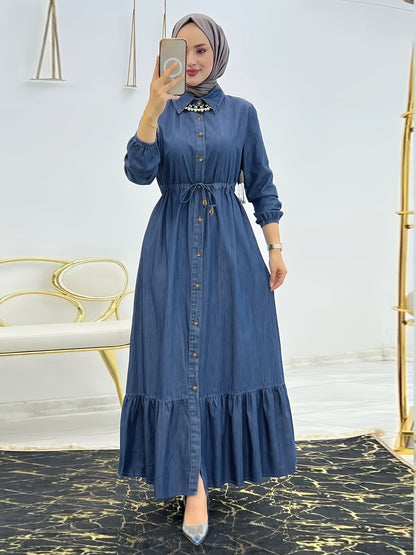 [Stylish Dress] Stylish Blue Women's Button-Up Dress | Long Sleeve, Ruffle Detail, Front Pocket, Drawstring Waist, Casual, All-Season - (Headscarf Not Included)