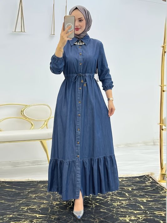 [Stylish Dress] Stylish Blue Women's Button-Up Dress | Long Sleeve, Ruffle Detail, Front Pocket, Drawstring Waist, Casual, All-Season - (Headscarf Not Included)