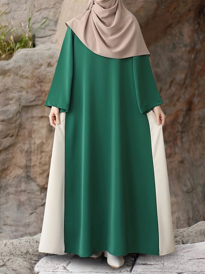 1pc Muslim Abaya Dress Long Sleeve Loose Fit A-Line with Black & White Color-Blocking & Orange Accents - Middle Eastern Elegance Adjustable Side Drawstring for Prayer, Casual, All-Season Wear (No Headscarf Included), Muslim D