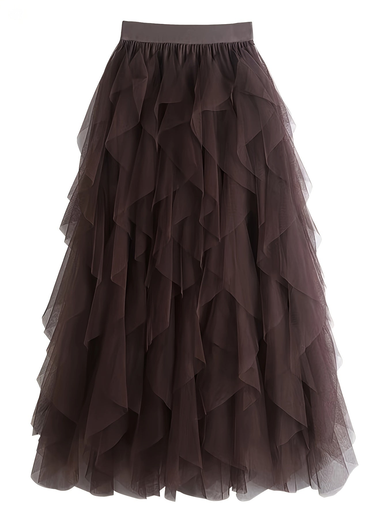 Chic Elegance, Elegant High-Waist A-Line Tulle Skirt for Women - Chic Korean-Style Spring Collection, Sheer Brown Polyester with Delicate Mesh Layers, Perfect for Summer Skirt