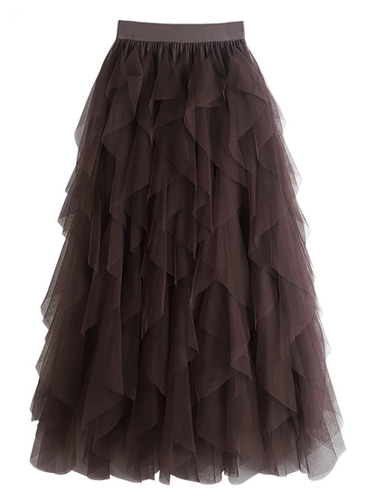 Chic Elegance, Elegant High-Waist A-Line Tulle Skirt for Women - Chic Korean-Style Spring Collection, Sheer Brown Polyester with Delicate Mesh Layers, Perfect for Summer Skirt