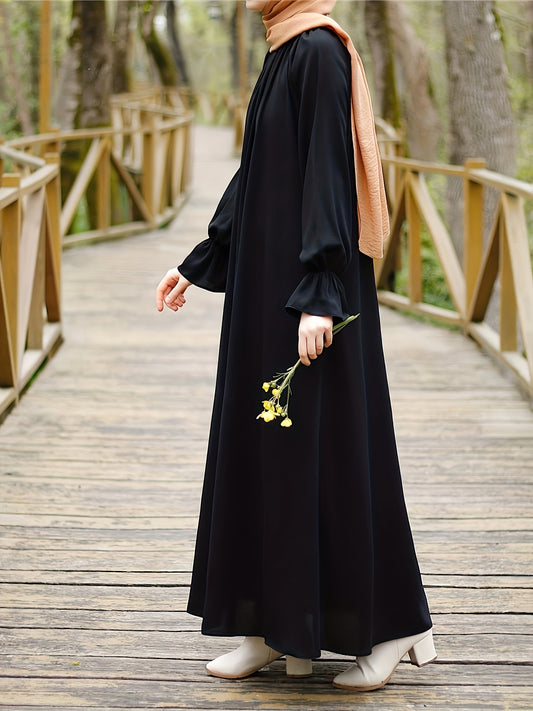 Women'S Navy Blue Long Tunic Dress with Puff Sleeves - Comfortable, Solid Color, All-Season Wear, Casual Style, Casual Attire | Puff Sleeve Top | Flowy Fabric