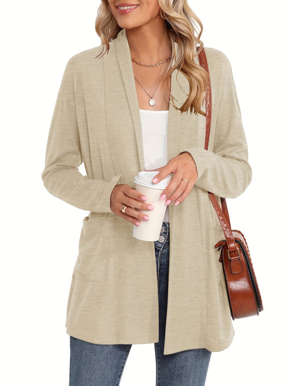 Spring & Autumn Women's Casual Solid Color Cardigan – Open Placket with Double Pocket Design