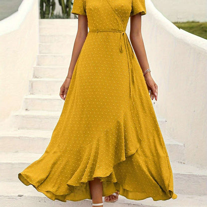 Elegant Women's Swiss Dot Surplice Neck Maxi Dress - D&M Boutique 